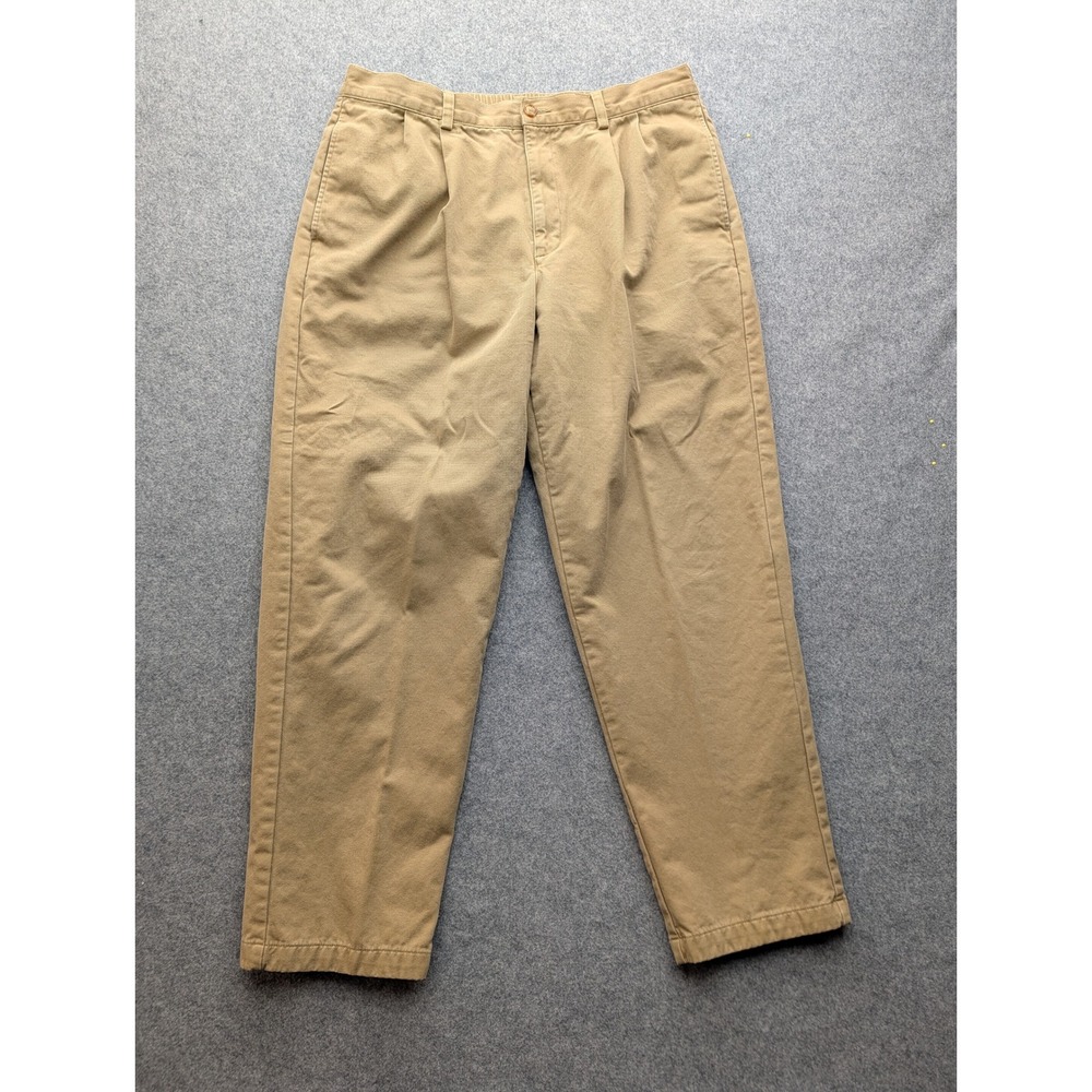 Ll Bean Mens Khaki Flannel Lined Pleated Chinos Tan Plaid Lined Pants 36-32